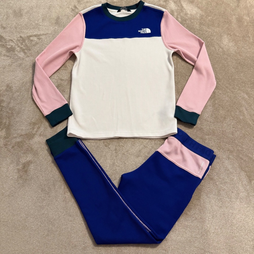 The North Face Teen Waffle Knit Base Layer Set Blue Pink White Size M 10